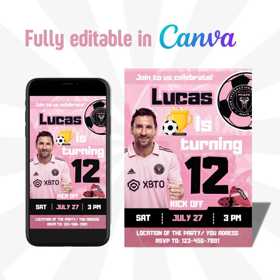 Editable Messi Inter Miami Birthday Invitation | Canva Editable template soccer | Personalized invitation birthday party Soccer Digital file