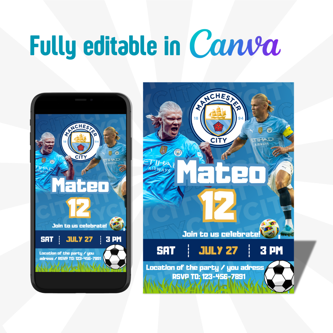 Haaland Editable Manchester City Birthday Invitation | Canva Editable template | Personalized invitation birthday party | Soccer Digital