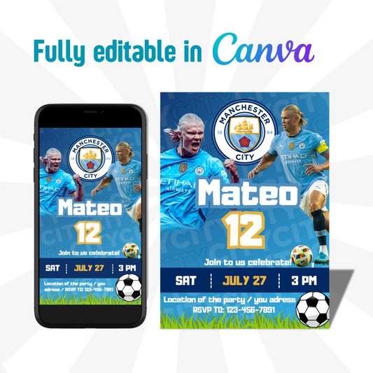 Haaland Editable Manchester City Birthday Invitation | Canva Editable template | Personalized invitation birthday party | Soccer Digital