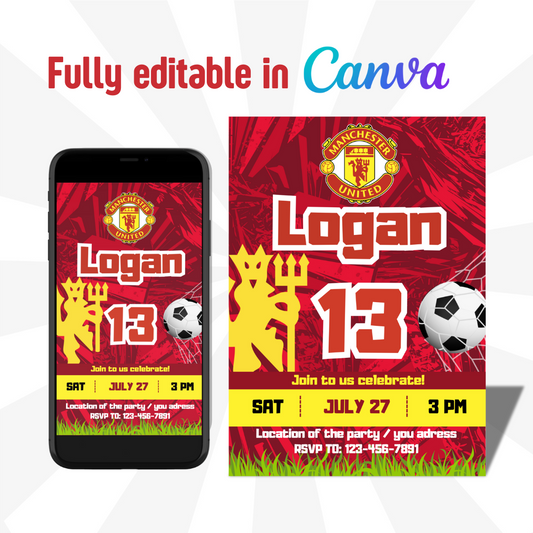 Editable Manchester United Birthday Invitation | Canva Editable template soccer | Personalized invitation birthday party Soccer Digital file