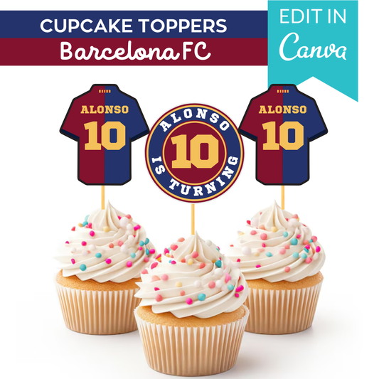 Barcelona FC Jersey Cupcake topper template canva | Barca birthday cake topper editable | Barca party birthday | template soccer canva|