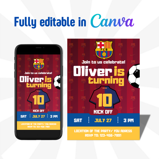 Editable Barcelona Birthday Invitation | Canva Editable template soccer | Personalized invitation birthday party | Soccer Digital file