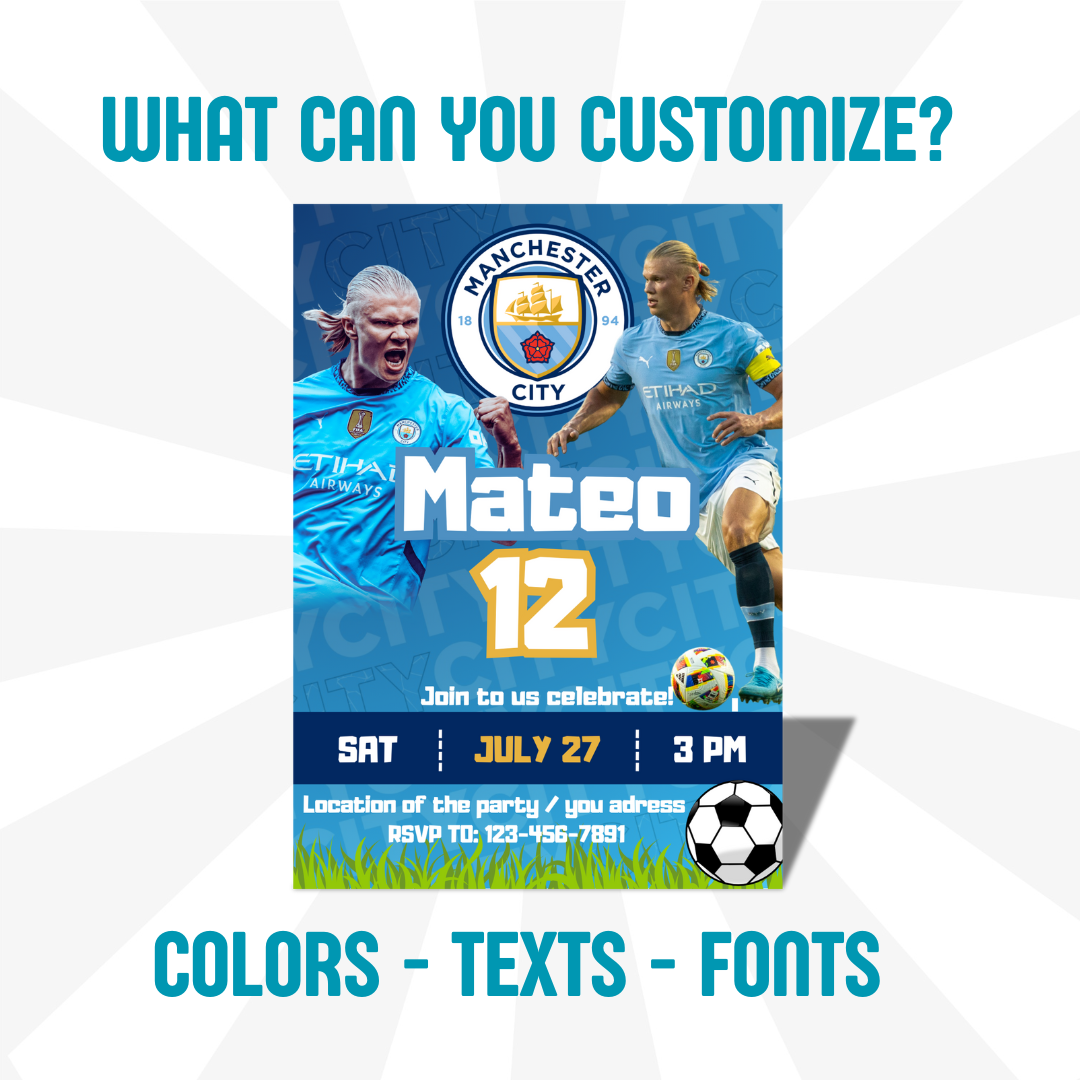 Haaland Editable Manchester City Birthday Invitation | Canva Editable template | Personalized invitation birthday party | Soccer Digital