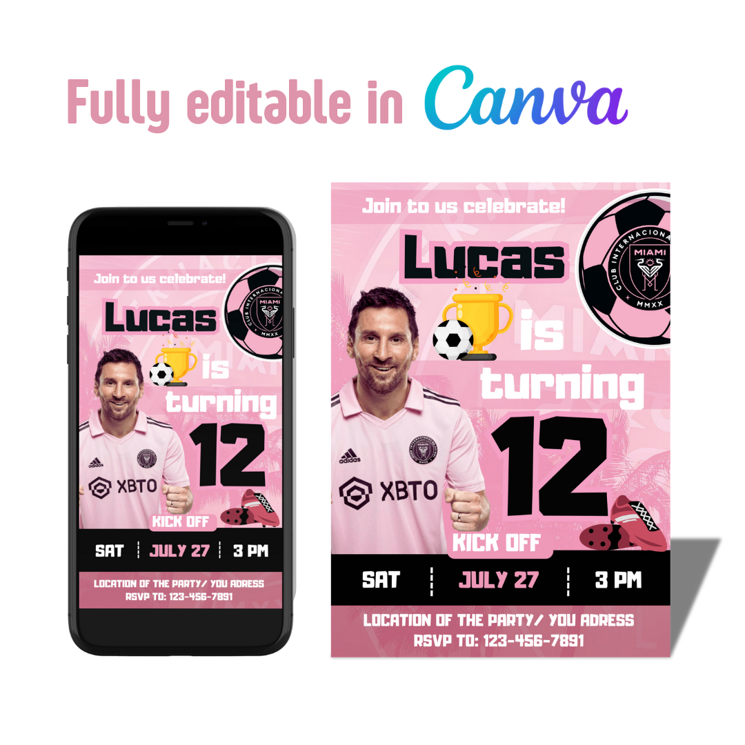 Messi Inter Miami pack editable party template canva | Messi birthday printable editable | Messi party birthday | template soccer canva |