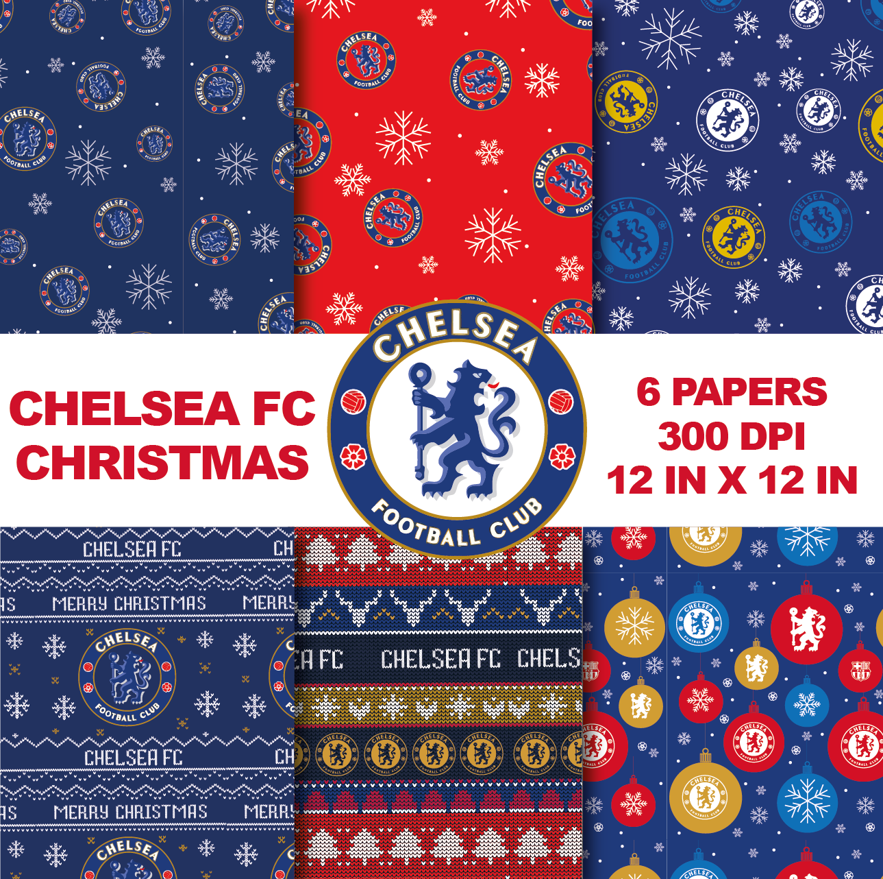 Christmas Chelsea Digital Paper Bundle | Wrapping Paper Pack | Patterns Soccer | Designs Printable Chelsea | Chelsea Digital Prints