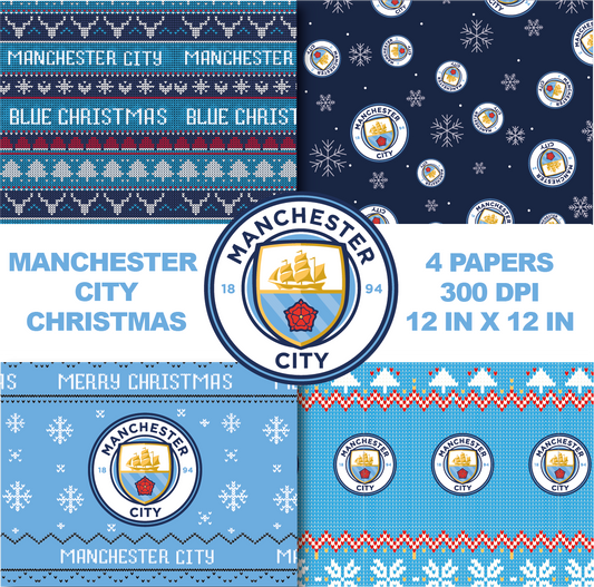 Christmas Manchester City Digital Paper Bundle | Wrapping Paper Pack | Patterns Sports Soccer | Designs Printable soccer | Digital Prints