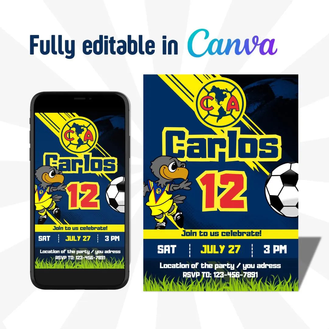 Editable Club América Birthday Invitation | Canva Editable template soccer | Personalized invitation birthday party | Soccer Digital file