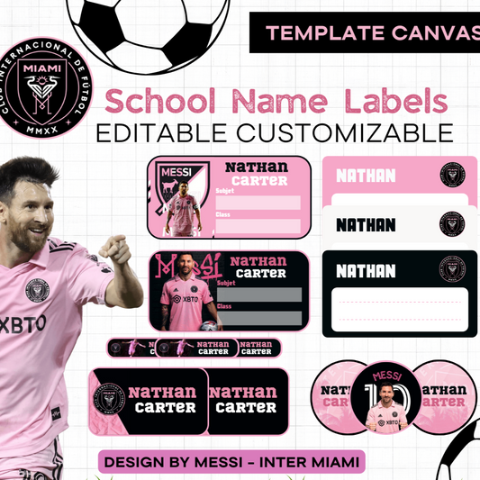 School labels Messi Inter Miami | Digital Stickers Bookmarks | Sports Stickers | PNG Stickers Canva template | Lionel Messi stickers